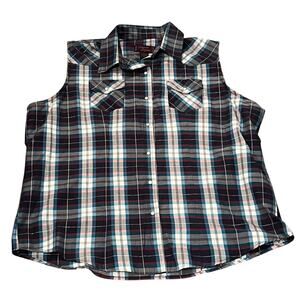 Cowgirl Legend Sleeveless Western Shirt Pearl Snap Blue White Plaid Womens 2X